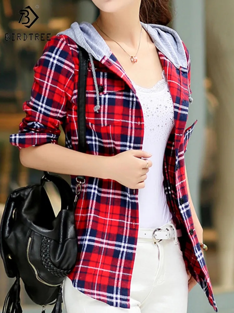 Plaid Hooded Shirts Woman Pocket Cotton Long Sleeve Casual All Match Blouse Tops For Spring Autumn T27503X
